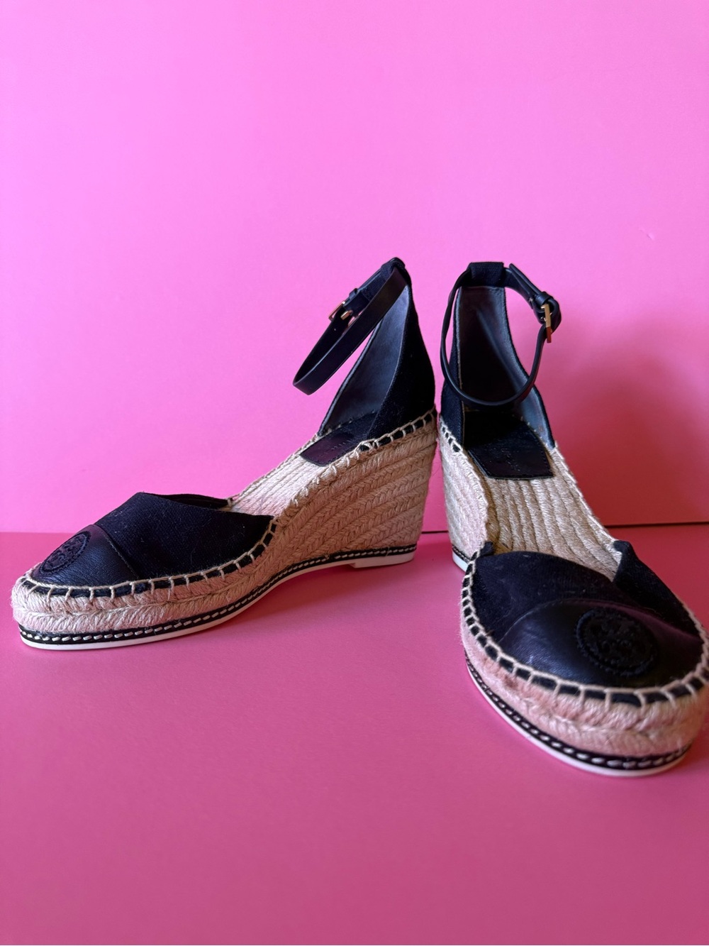 Tory Burch Black Espadrille Ankle-Strap Wedge Sandals
